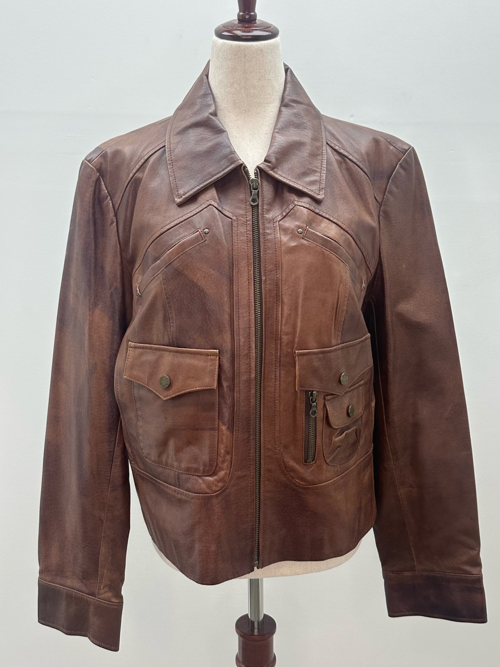 A.N.A. Brown Leather Moto Jacket Patina Y2K Biker Bomber Warm Size Lg Classic